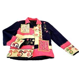 Alex‎ Kim Coat Womens S Embroidery Cotton Flax Blend Wooden Buttons Patches
